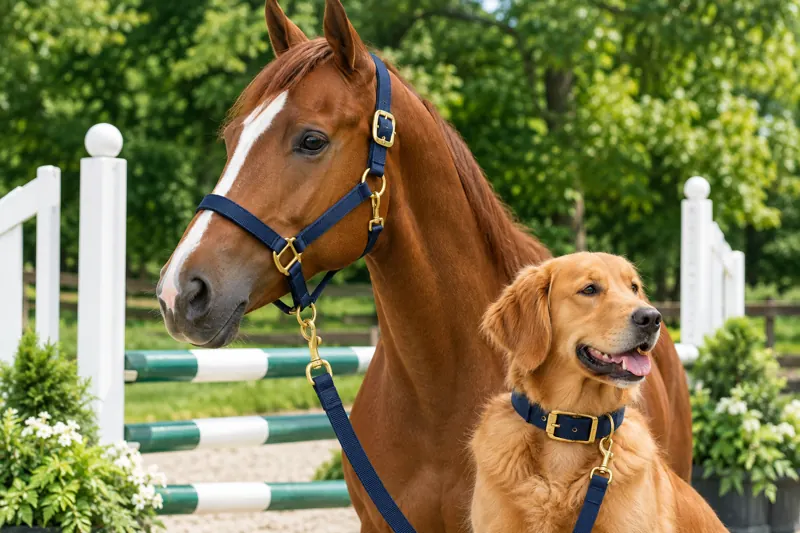 Chestnut horse and golden retriever wearing navy tack