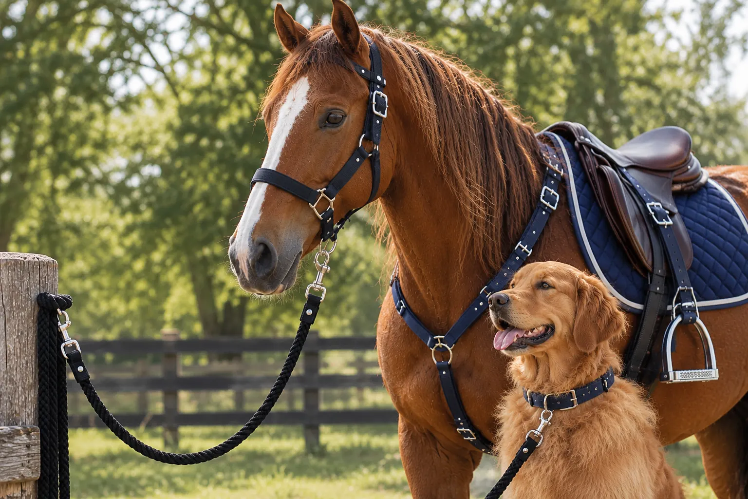 Chestnut horse in a navy halter and breastplate beside a golden retriever in a navy collar