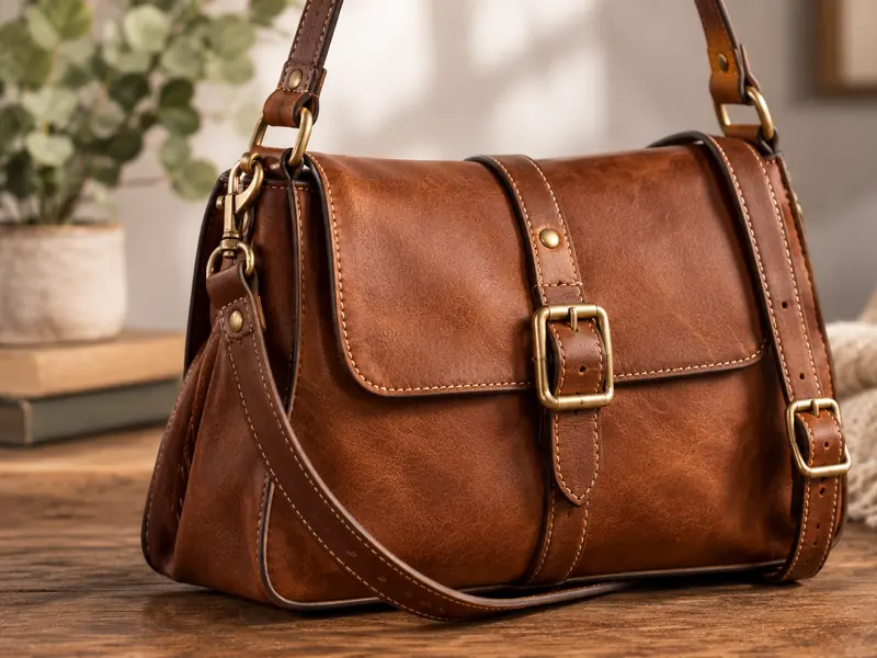 Leather shoulder bag with brass buckles and a swivel snap