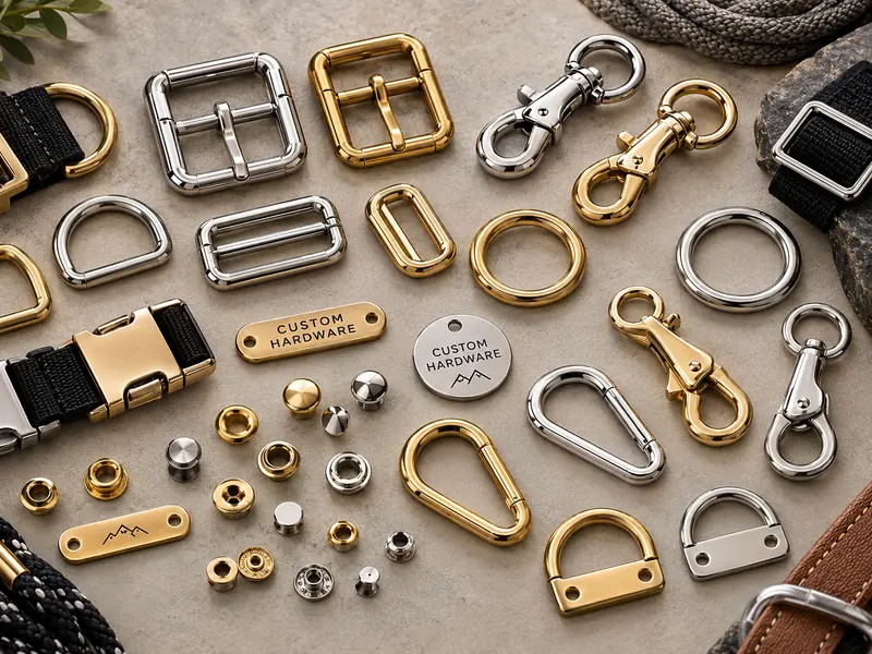Assorted buckles, rings, snaps, D-rings and custom tags