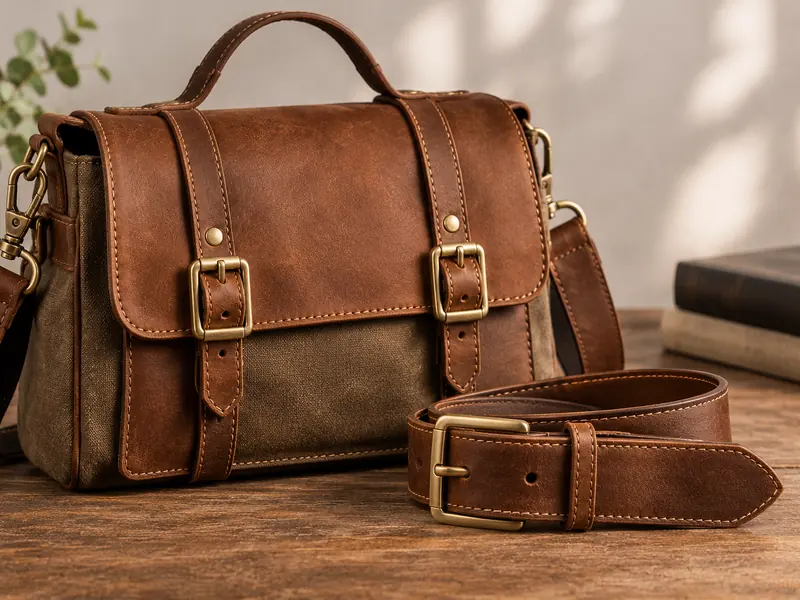 Leather and canvas bag with a brass-buckled leather belt