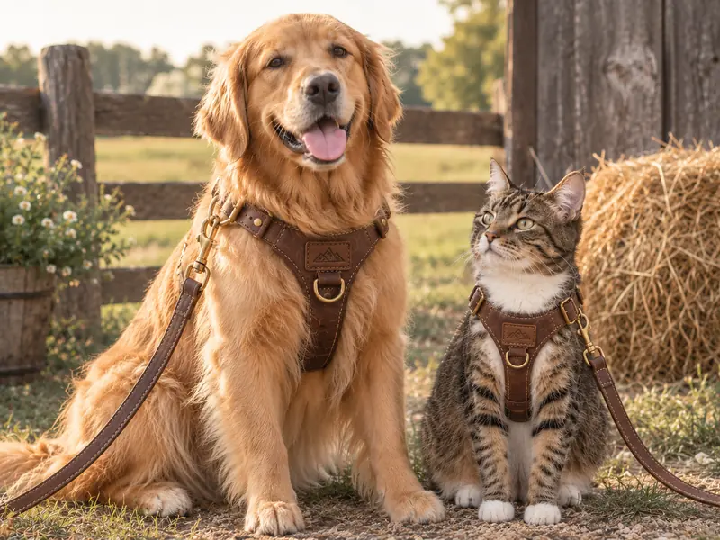 Golden retriever and tabby cat in leather harnesses and leashes