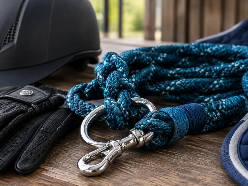 Riding helmet, gloves and a rope lead with a nickel snap